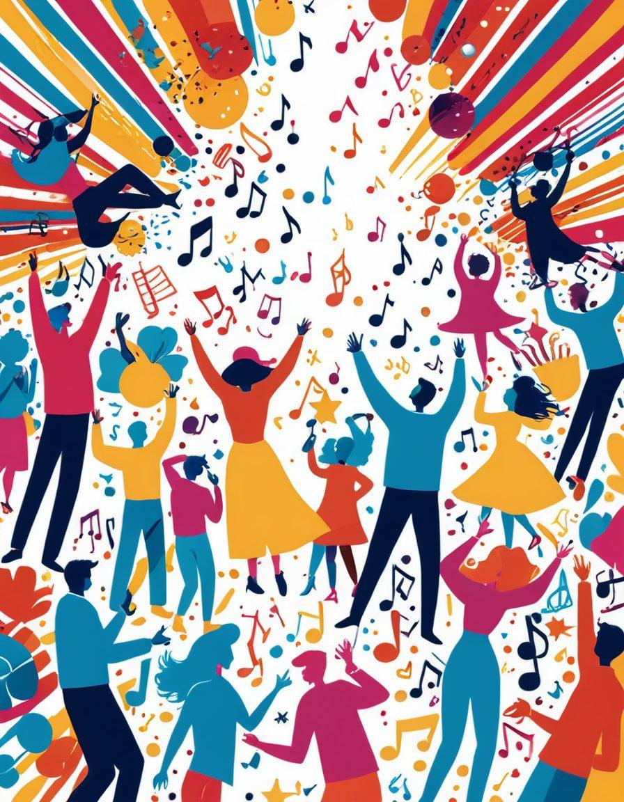 A lively and colorful composition showcasing an array of playful and artistic representations of adult content. Include whimsical cartoon-like characters engaging in cheerful scenarios, surrounded by vibrant elements like music notes, confetti, and abstract shapes that evoke joy and sensuality. The background should be bright and inviting, engaging the viewer’s imagination. Play with bold colors and dynamic patterns. vector art. vibrant colors. white background.