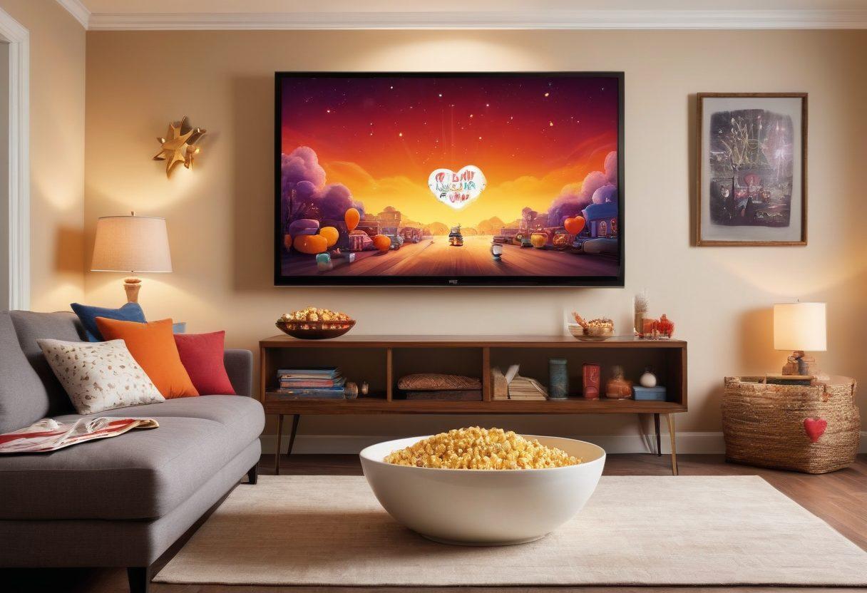 A cozy living room setting with a comfortable couch, scattered colorful cushions, and a large screen displaying a playful and cheerful movie scene. Soft lighting creates a warm atmosphere, while playful icons of hearts and stars float around to suggest an inviting and fun vibe. The presence of popcorn and drinks adds to the entertainment theme. cartoon style. warm colors. inviting atmosphere.