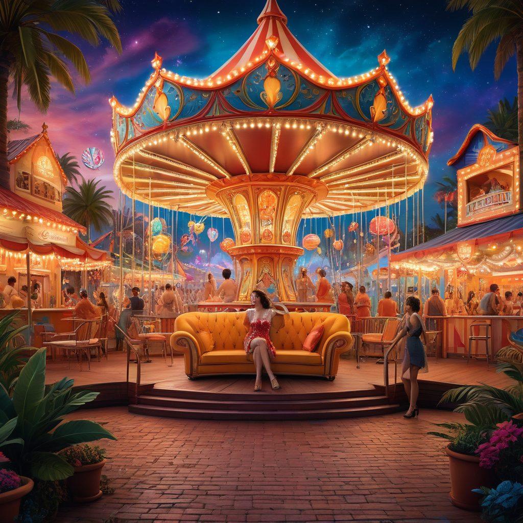 A whimsical, colorful digital landscape featuring various interactive elements symbolizing accessibility and fun in erotic entertainment. Include playful characters exploring enchanting scenes like a vibrant carnival or a cozy lounge setting, with twinkling lights and diverse representations of joy and connection. Add visual metaphors like opened doors and welcoming paths leading to diverse erotic experiences. The overall tone should be inviting and inclusive. vibrant colors. digital art.